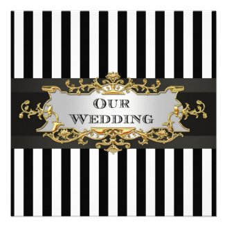 Black White Stripe Black Ribbon Wedding Invite