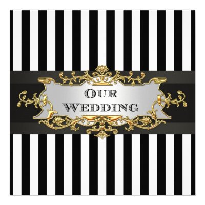 Black White Stripe Black Ribbon Wedding Invite