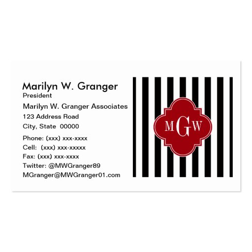 Black White Stripe Cranberry Quatrefoil 3 Monogram Business Card Templates (front side)