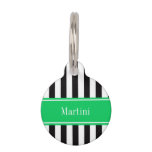 Black White Stripe Emerald Ribbon Name Monogram Pet Name Tag