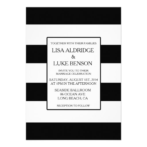 Black & White Stripe Kate Spade Wedding Invitation Personalized Announcement (front side)