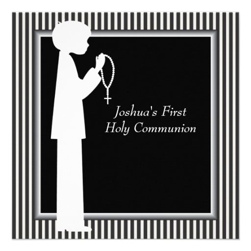 Black White Stripe Rosary Boys First Communion Invitations