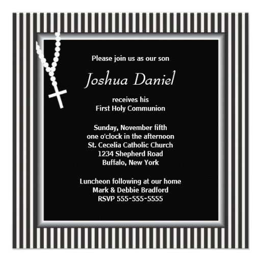 Black White Stripe Rosary Boys First Communion Invitations