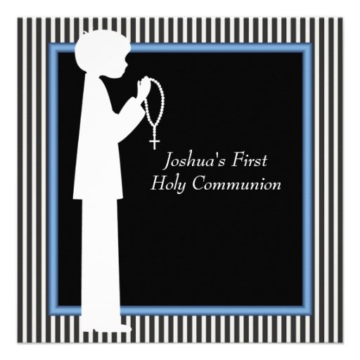 Black White Stripe Rosary Boys First Communion Personalized Invitations