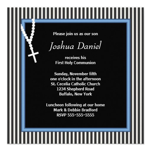 Black White Stripe Rosary Boys First Communion Personalized Invitations