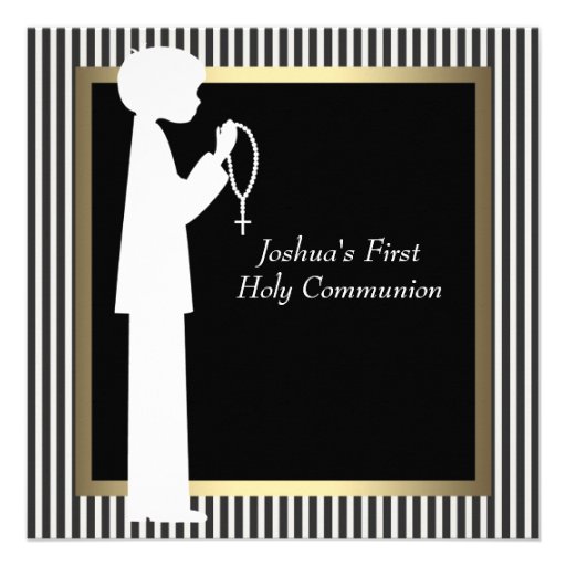 Black White Stripe Rosary Boys First Communion Custom Announcements