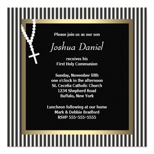 Black White Stripe Rosary Boys First Communion Custom Announcements