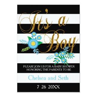 Black & White Stripes | Blue Floral | Baby Shower 5x7 Paper Invitation Card