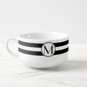 Black | White Stripes Pattern Monogram Soup Mug