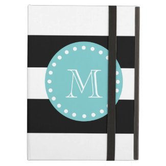 Black White Stripes Pattern, Teal Monogram Cover For iPad Air