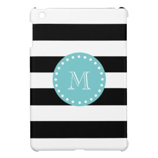 Black White Stripes Pattern, Teal Monogram Case For The iPad Mini