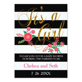 Black & White Stripes With Pink Floral Baby Girl 5x7 Paper Invitation Card