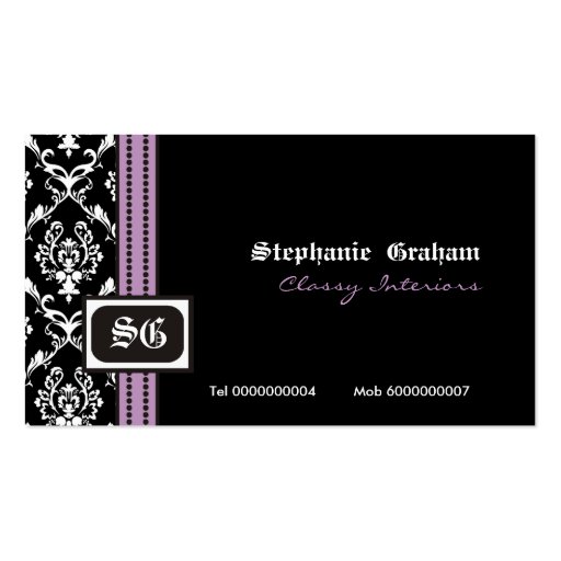 Black white stylish damask monogram business card (front side)