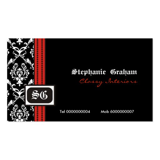Black white stylish damask monogram business card (front side)