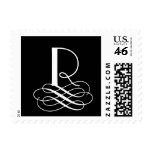 Black White Swirl Monogram R Wedding Postage Stamp