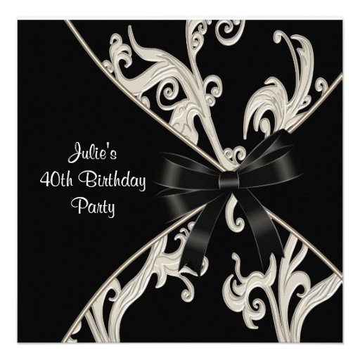 Black White Swirl Womans 40th Birthday Party Personalized Invite (front side)