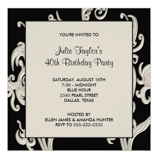 Black White Swirl Womans 40th Birthday Party Personalized Invite