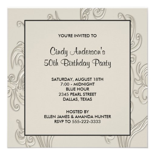 Black White Swirl Womans 50th Birthday Party Personalized Announcements