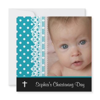 Black White Teal Baby Girl Photo Christening invitation