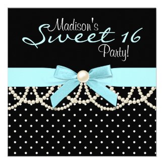 Black White Teal Blue Sweet 16 Birthday Party Custom Invitations
