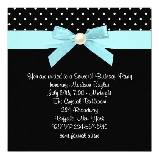 Black White Teal Blue Sweet 16 Birthday Party Custom Invitations