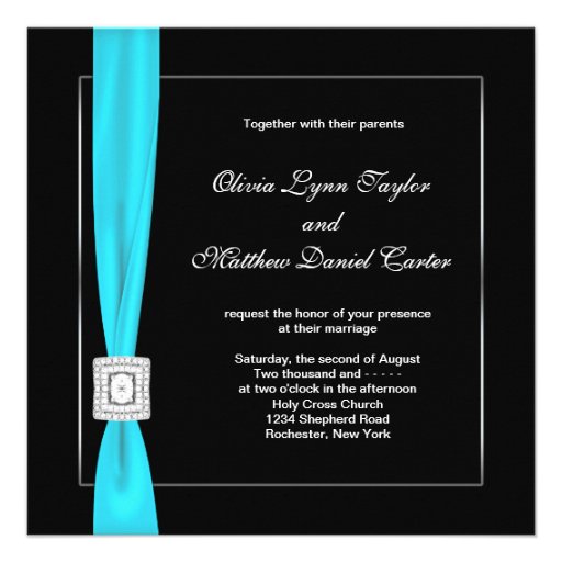 Black White Teal Blue Teal Bow Wedding Invite