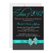 Black White Teal Polka Dot Graduation Invitation
