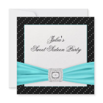 Black White Teal Sweet 16 Party Invite