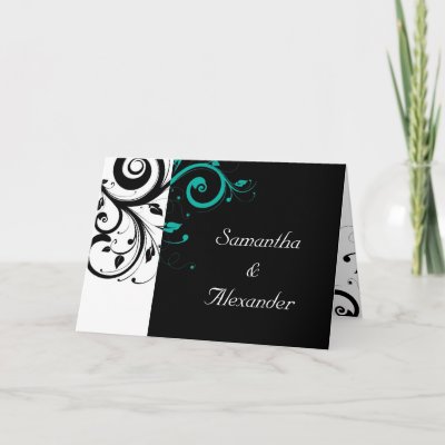 Black White Teal Swirl Folded Wedding Invitation Greeting Card by 
