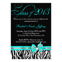 Black White Teal Zebra Graduation Invitation