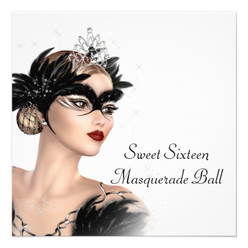 Black White Tiara Mask Sweet 16  Masquerade Party Custom Invites