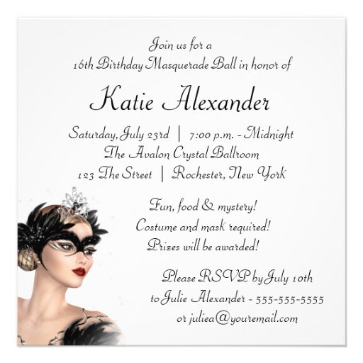 Black White Tiara Mask Sweet 16  Masquerade Party Custom Invites