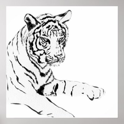 Painting of a tiger in black ink on against a white background.