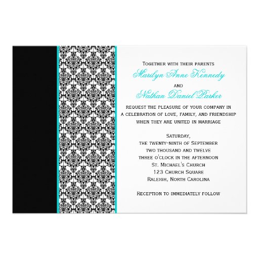 Black White Turquoise Damask Photo Wedding Invite