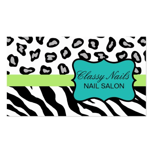 Black, White, Turquoise & Green Zebra & Cheetah Business Cards (front side)