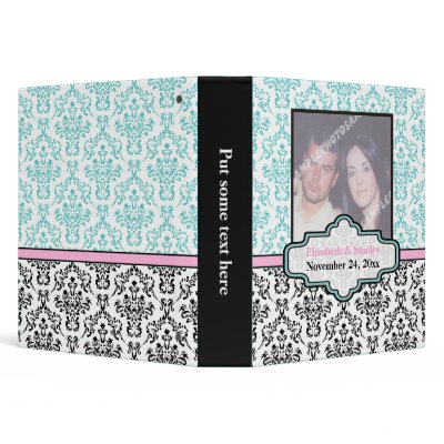Black white, turquoise, pink damask wedding binder