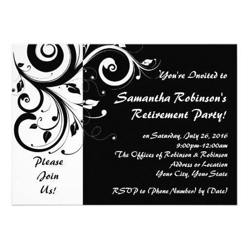 Black+White Vine Swirl Retirement Party Invitation (front side)