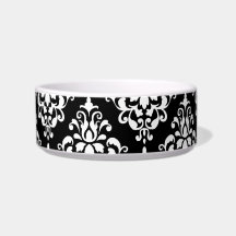Black White Vintage Damask Pattern 1 Pet Food Bowl