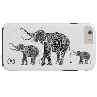 Black & White Vintage Floral Elephant-Monogram Tough iPhone 6 Plus Case