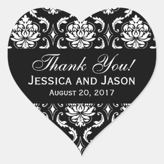 Black White Wedding Damask Thank You Label Heart Stickers