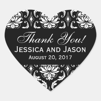 Black White Wedding Damask Thank You Label Heart Stickers