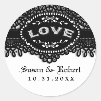 Black & White Wedding Gothic Love Envelope Label Classic Round Sticker by juliea2010 at Zazzle
