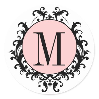 Black White Wedding Monogram M Damask Pink Label sticker