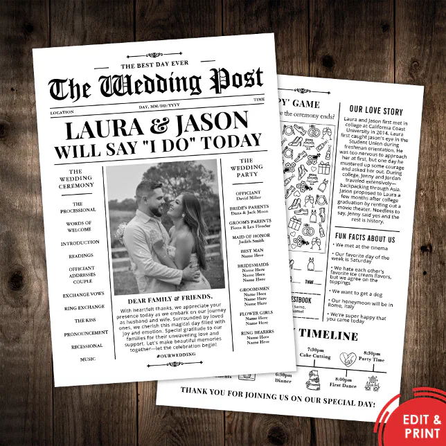 Black White Wedding Program Timeline Newspaper Zazzle