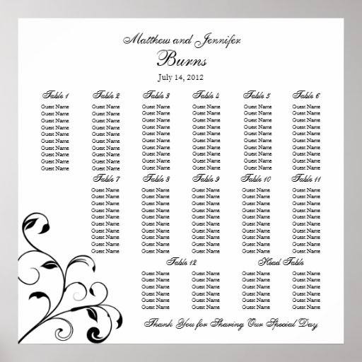 Black & White Wedding Reception Seating Chart Poster Zazzle
