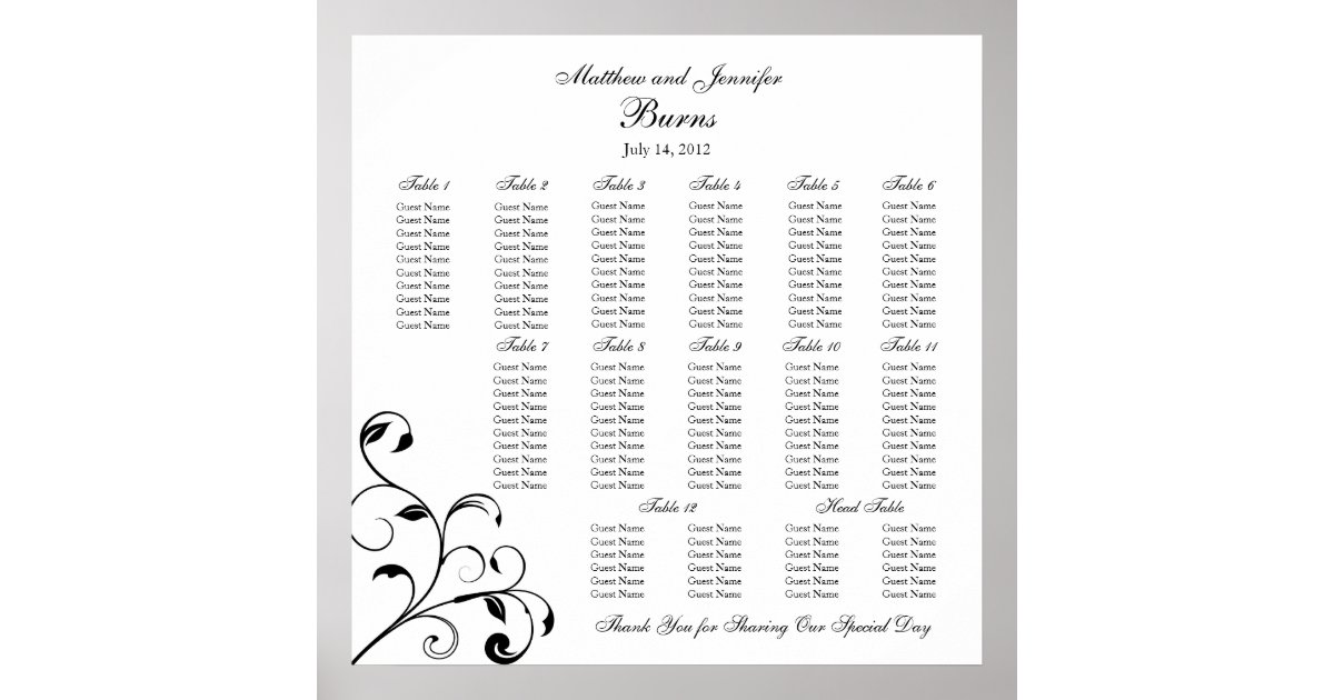 Black & White Wedding Reception Seating Chart Poster Zazzle
