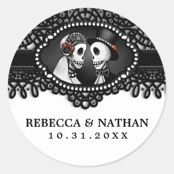 Black & White Wedding Skeletons Envelope Label Classic Round Sticker by juliea2010 at Zazzle