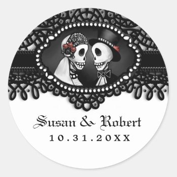 Black & White Wedding Skeletons Envelope Label Classic Round Sticker by juliea2010 at Zazzle