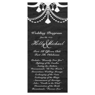 Black white with chandielr wedding Program Customized Rack Card by HollyMusolf