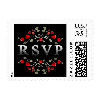 Black & White with Red Roses Matching Wedding RSVP Stamp